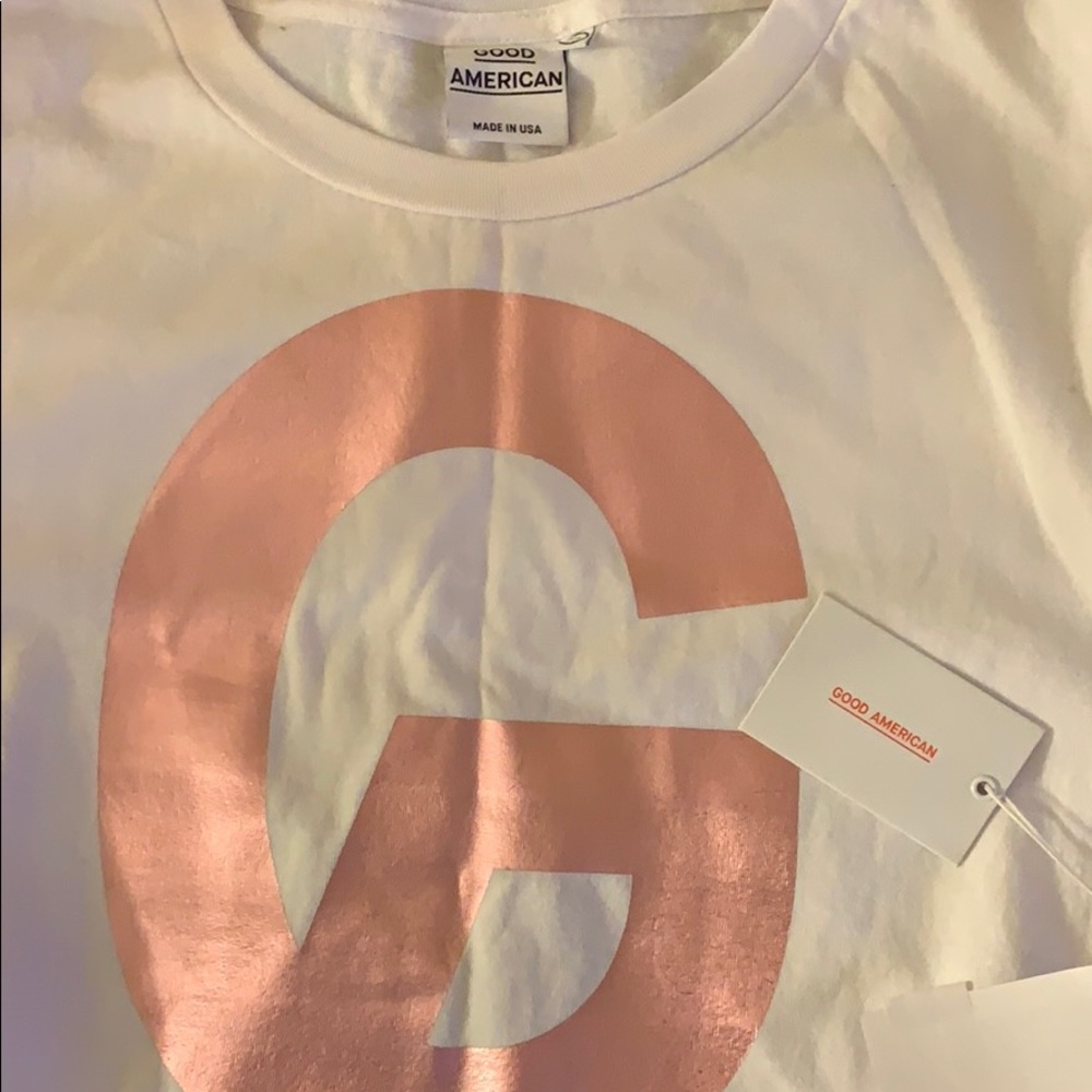 NWT Good American White Metallic Rose Gold Logo Oversized T-Shirt Size - Picture 2 of 6